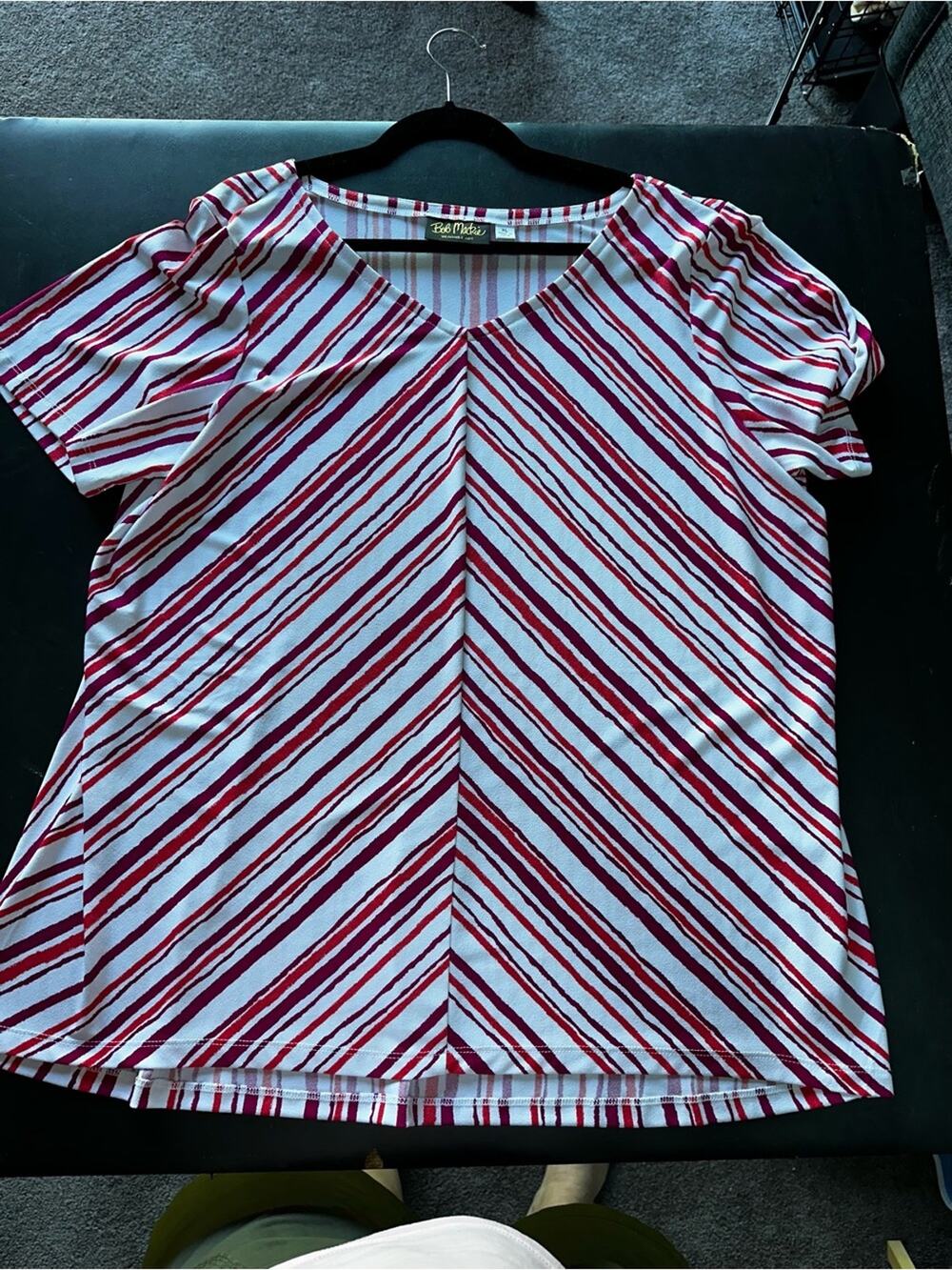 Bob Mackie Plus Size Chevron Striped V-Neck Top Red Burgundy Short Sleeve Tee